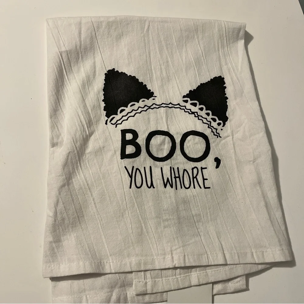 twisted ware “boo you whore” dish towel Halloween kitchen ware